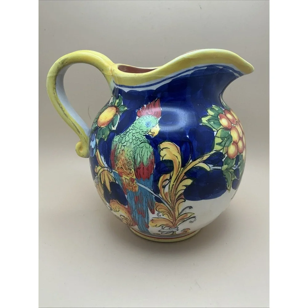 Vintage Maxcera Tropical Parrot Hand Painted Majolica-Style Water‎ Pitcher